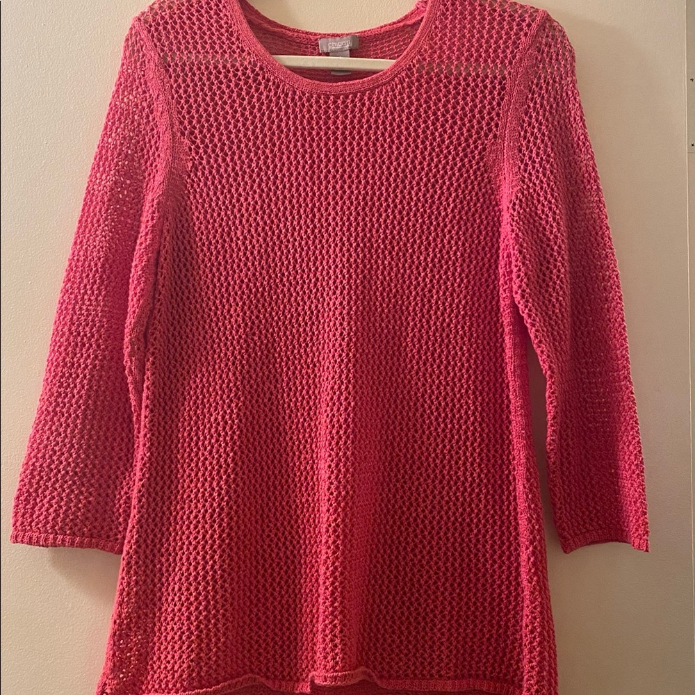Chicos Women’s Watermelon Pink Open Knit Pullover Tunic Sweater Size 1 Medium.